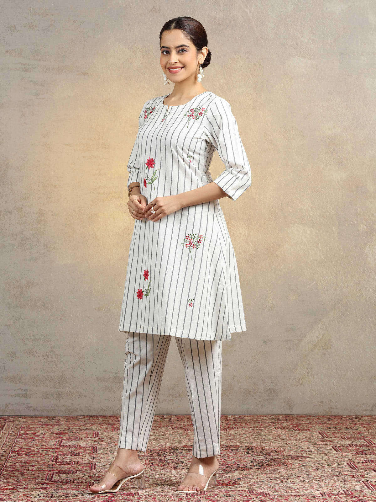 Off White Floral Embroidered Pure Cotton Straight Co-Ord Set