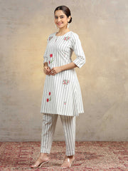 Off White Floral Embroidered Pure Cotton Straight Co-Ord Set