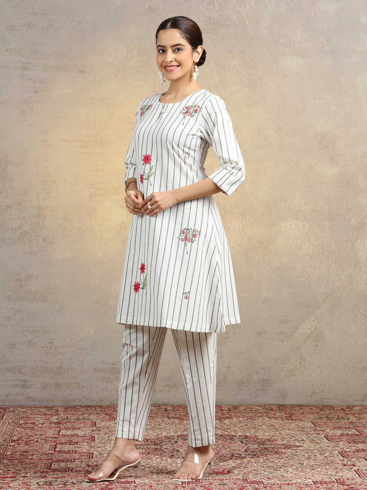 Off White Floral Embroidered Pure Cotton Straight Co-Ord Set