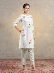 Off White Floral Embroidered Pure Cotton Straight Co-Ord Set