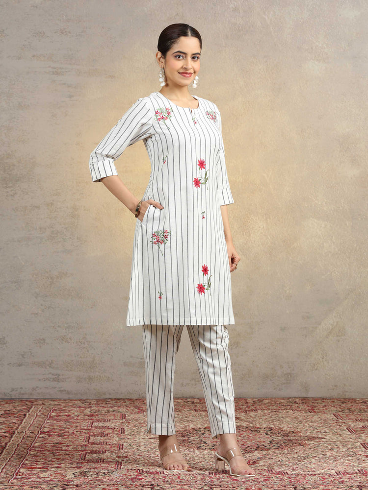 Off White Floral Embroidered Pure Cotton Straight Co-Ord Set