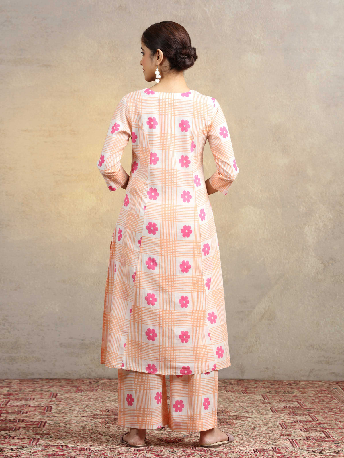 Peach Floral Checkered Pure Cotton Straight Co-Ord Set
