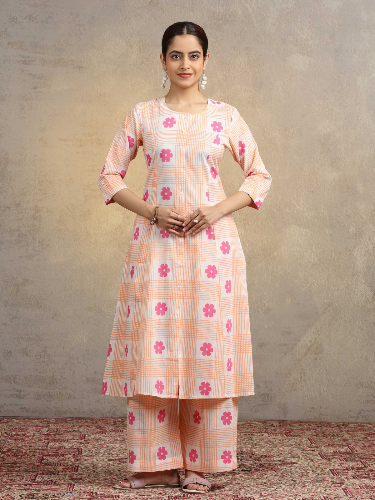Peach Floral Checkered Pure Cotton Straight Co-Ord Set