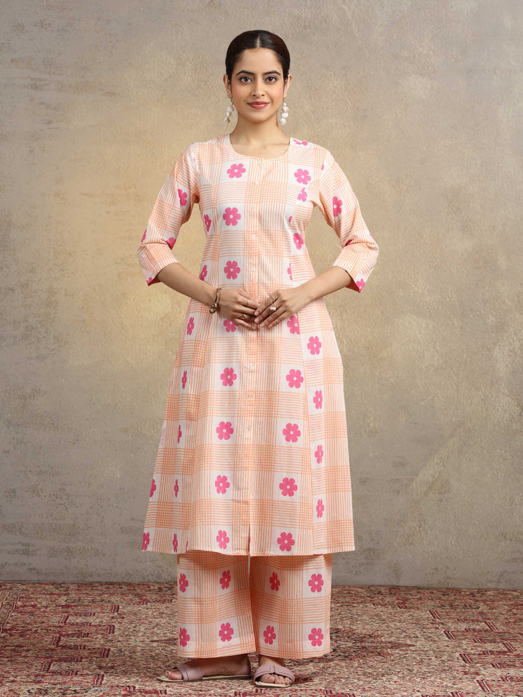 Peach Floral Checkered Pure Cotton Straight Co-Ord Set