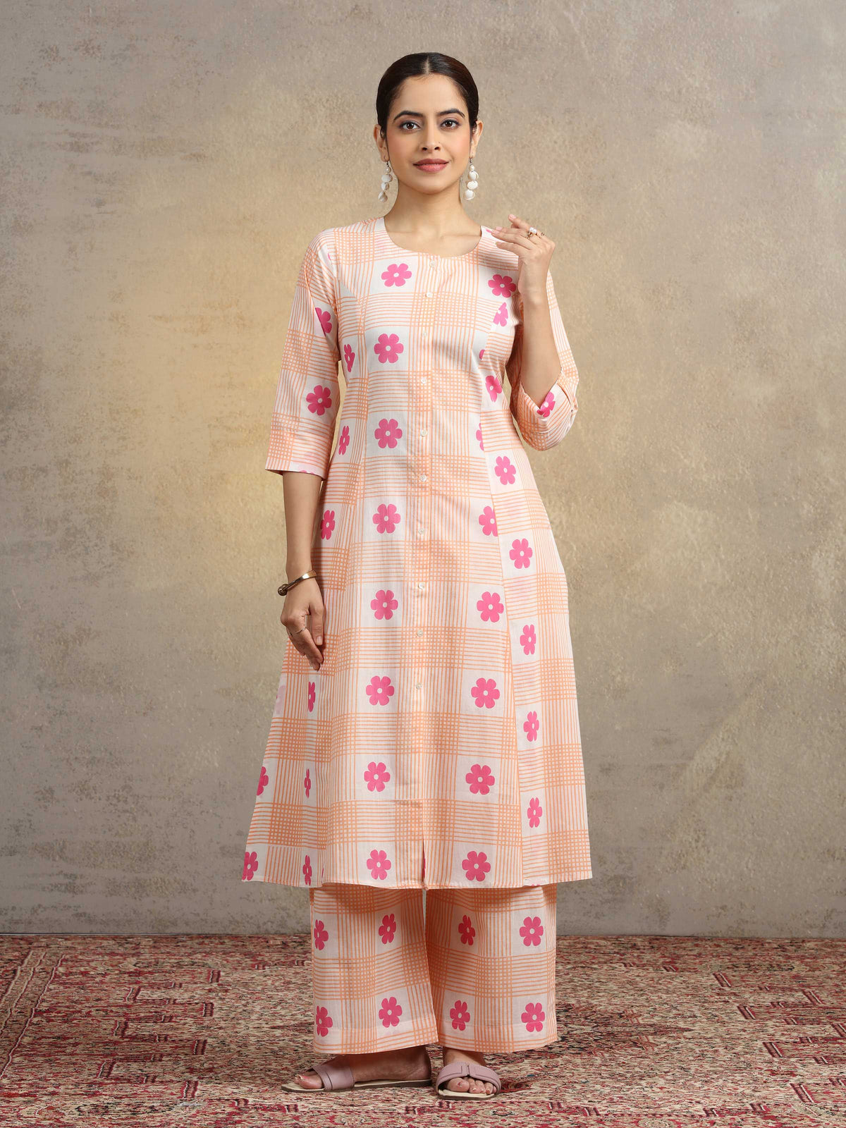 Peach Floral Checkered Pure Cotton Straight Co-Ord Set