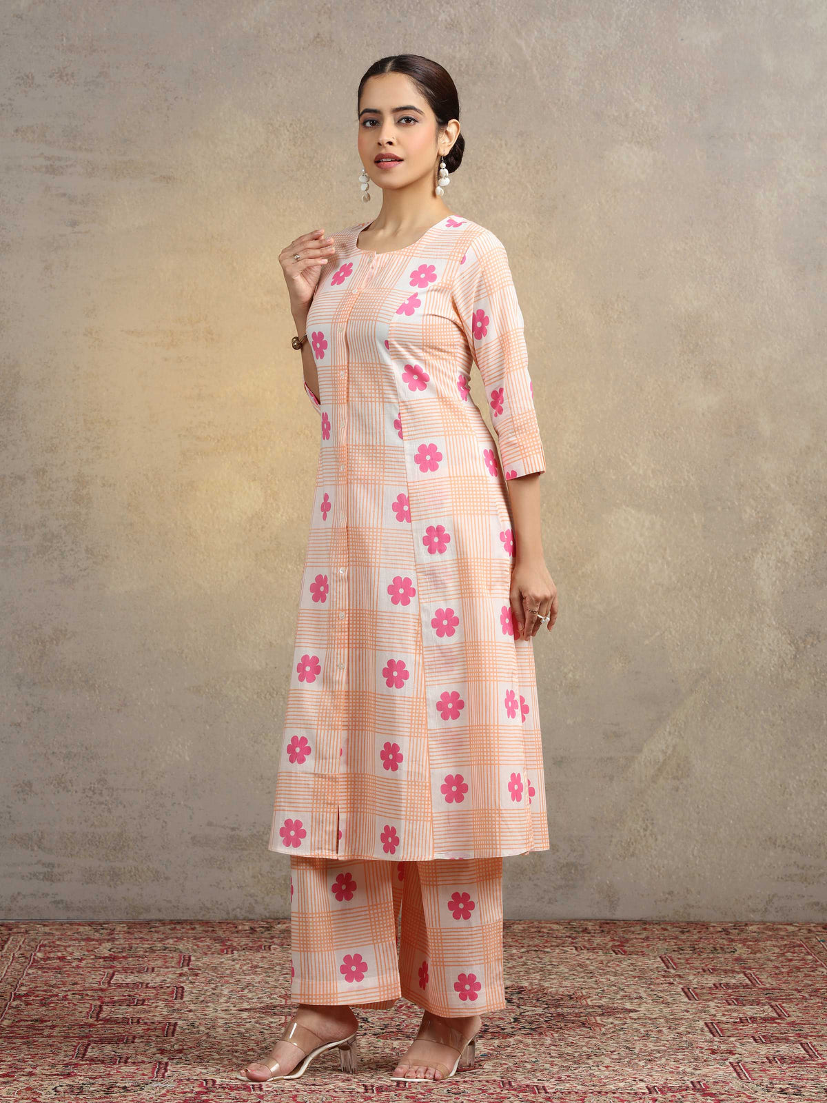 Peach Floral Checkered Pure Cotton Straight Co-Ord Set