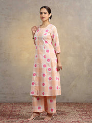Peach Floral Checkered Pure Cotton Straight Co-Ord Set