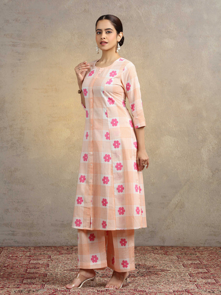 Peach Floral Checkered Pure Cotton Straight Co-Ord Set
