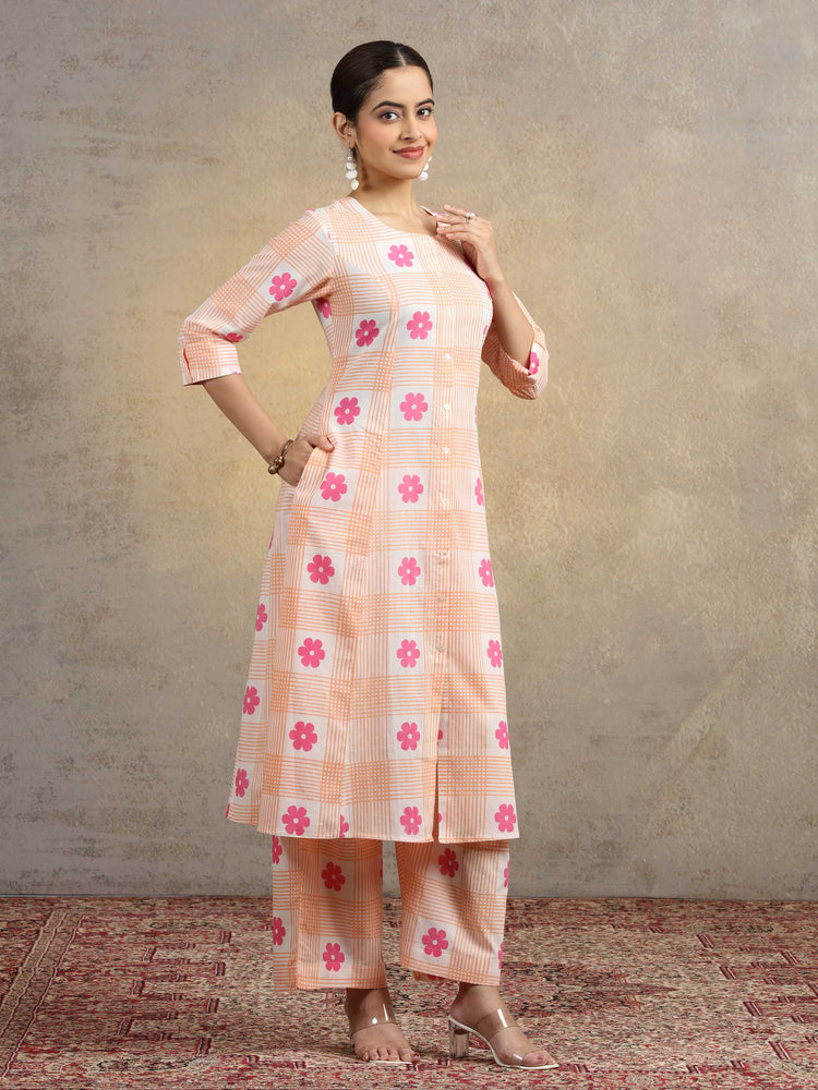 Peach Floral Checkered Pure Cotton Straight Co-Ord Set