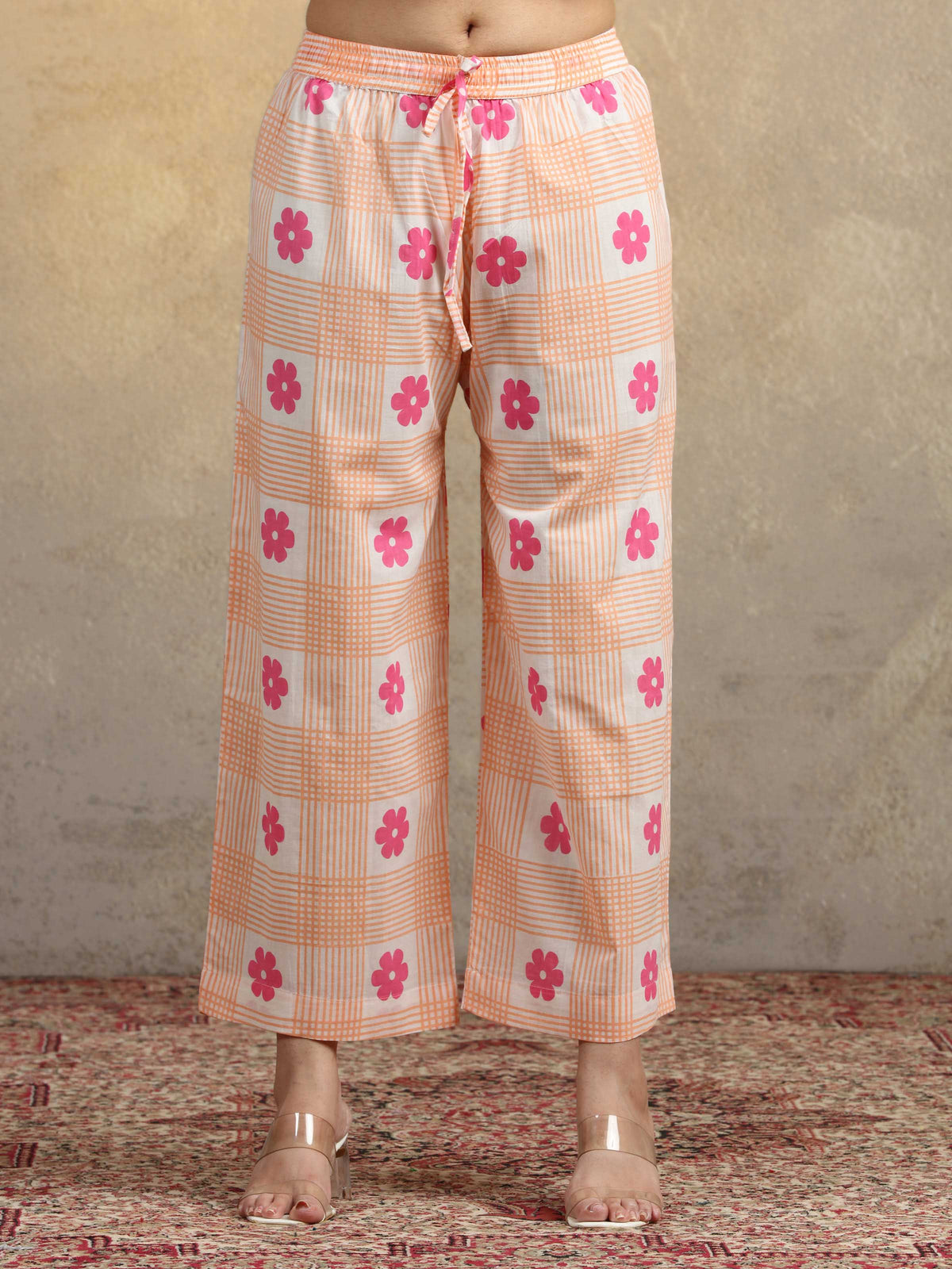 Peach Floral Checkered Pure Cotton Straight Co-Ord Set