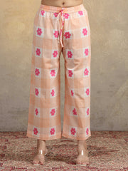 Peach Floral Checkered Pure Cotton Straight Co-Ord Set