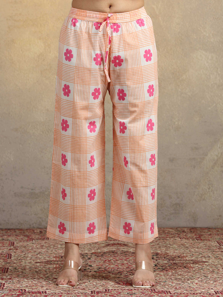 Peach Floral Checkered Pure Cotton Straight Co-Ord Set
