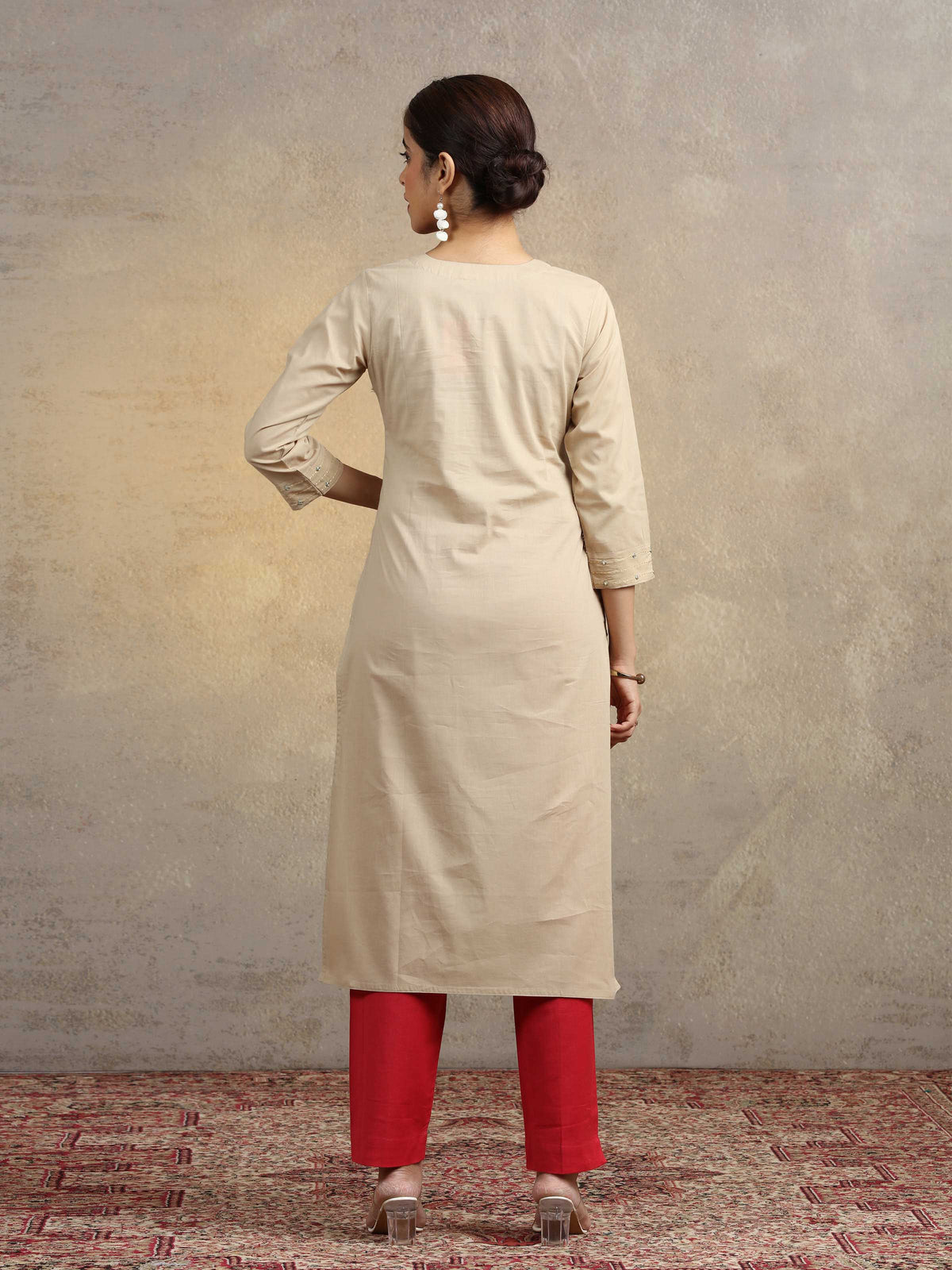 Beige Embroidered Pure Cotton Straight Fit Ethnic Kurta