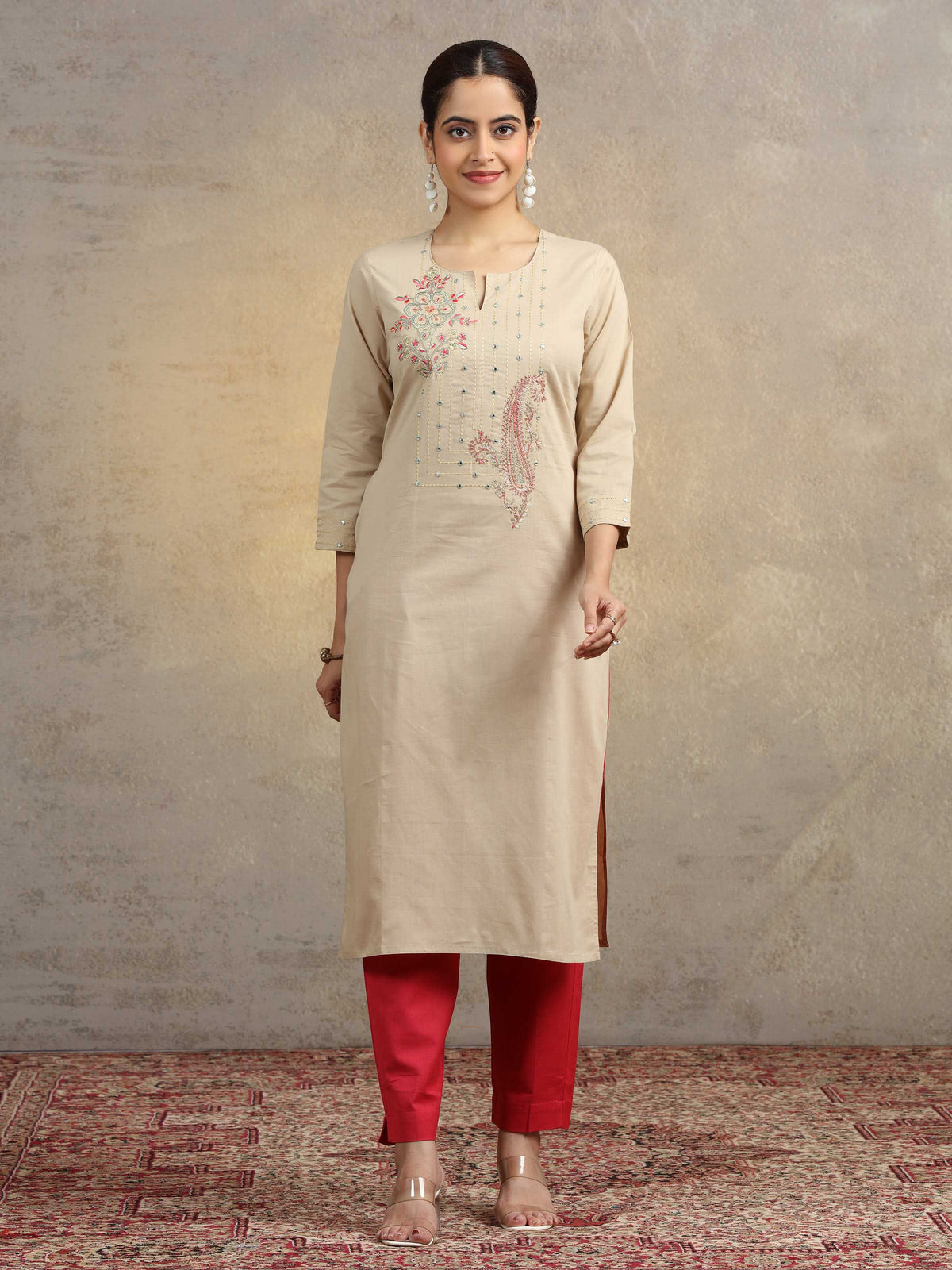 Beige Embroidered Pure Cotton Straight Fit Ethnic Kurta