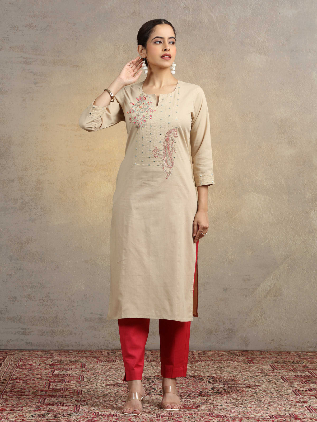 Beige Embroidered Pure Cotton Straight Fit Ethnic Kurta