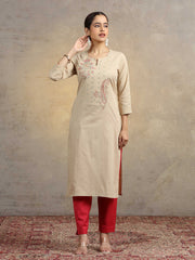 Beige Embroidered Pure Cotton Straight Fit Ethnic Kurta