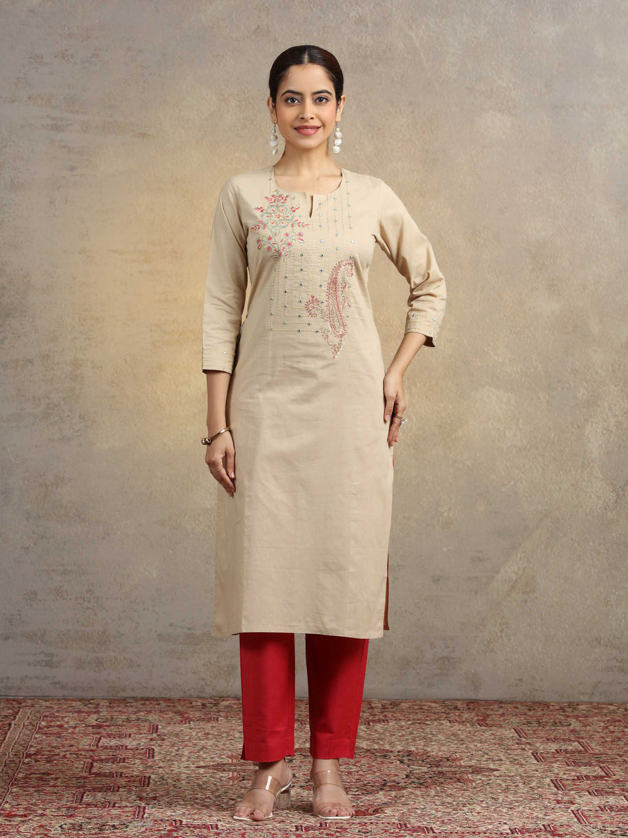 Beige Embroidered Pure Cotton Straight Fit Ethnic Kurta