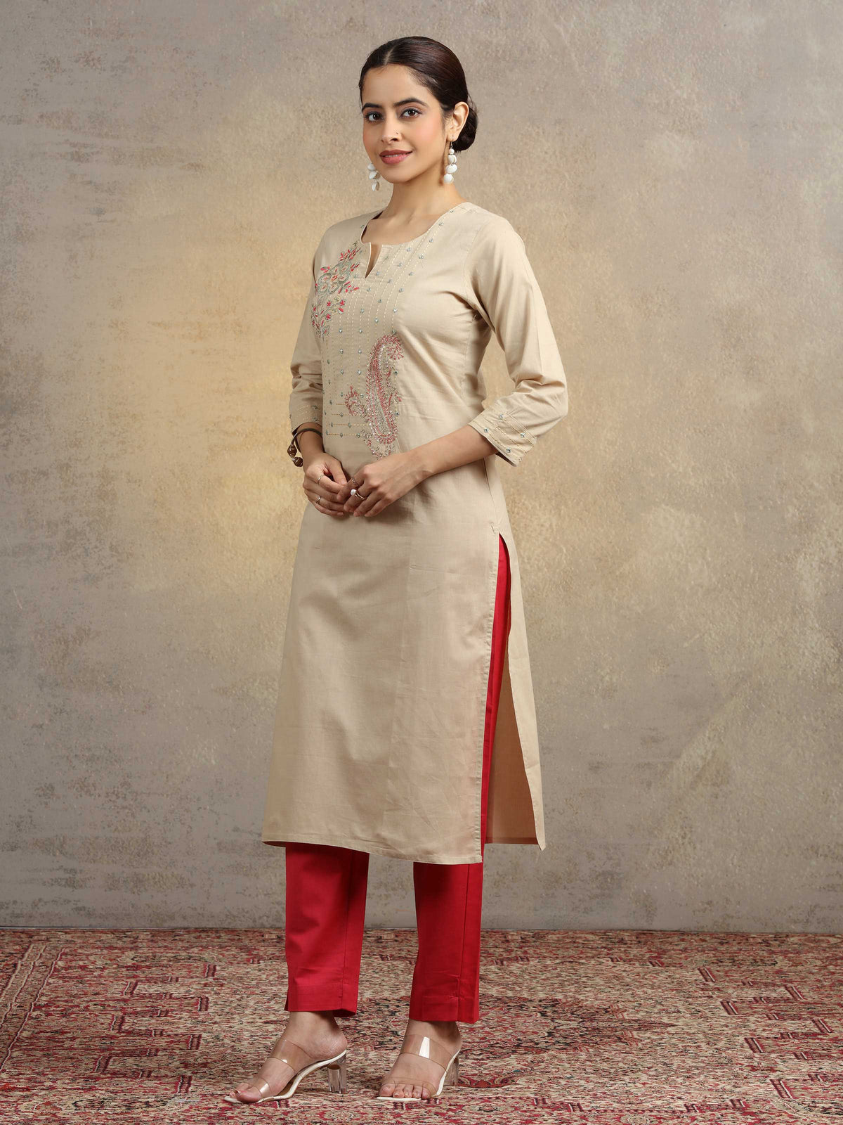 Beige Embroidered Pure Cotton Straight Fit Ethnic Kurta