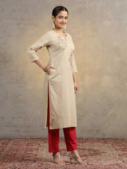 Beige Embroidered Pure Cotton Straight Fit Ethnic Kurta