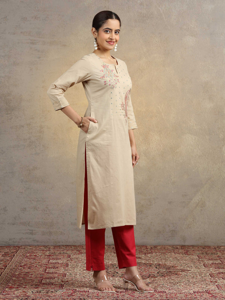 Beige Embroidered Pure Cotton Straight Fit Ethnic Kurta
