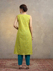 Olive Green Pure Cotton A-Line Ethnic Kurta