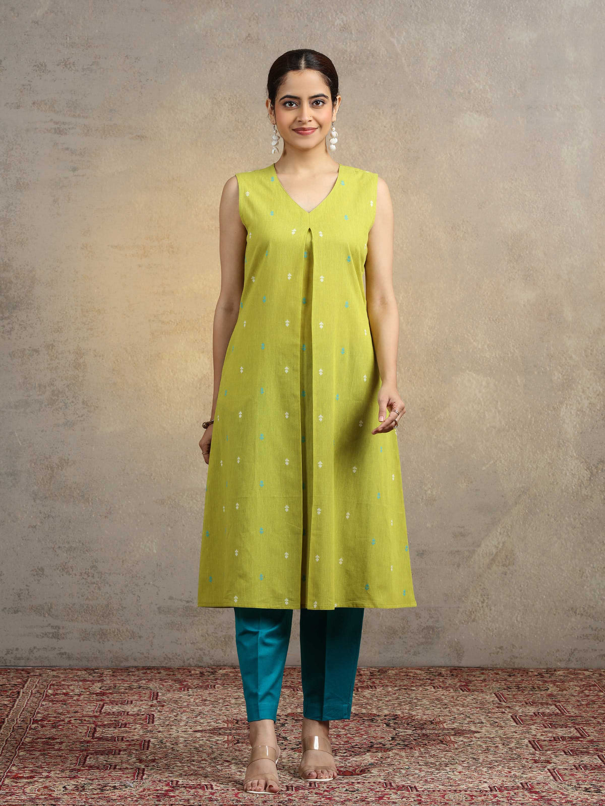 Olive Green Pure Cotton A-Line Ethnic Kurta
