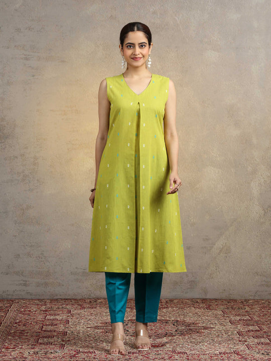 Olive Green Pure Cotton A-Line Ethnic Kurta