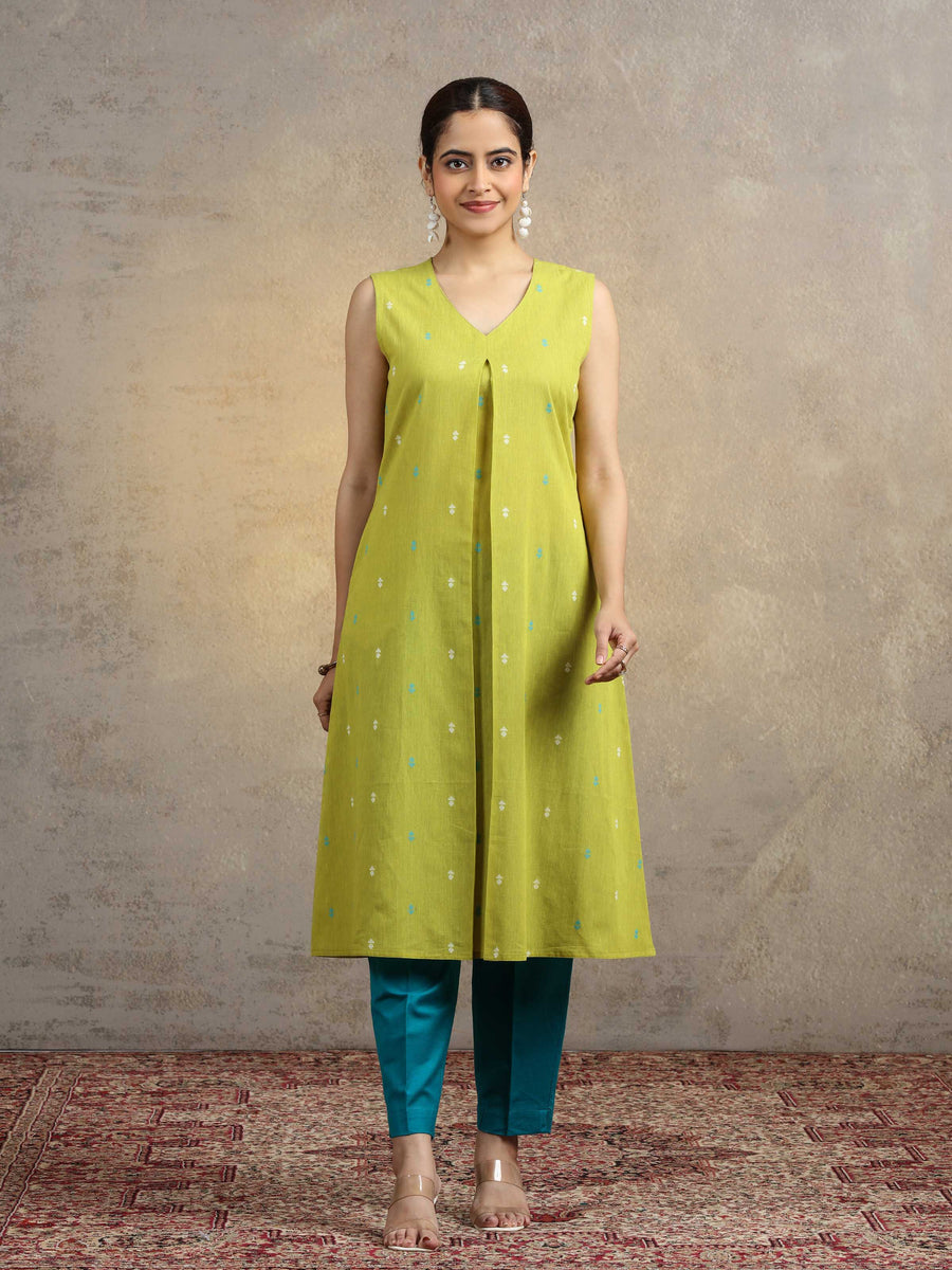 Olive Green Pure Cotton A-Line Ethnic Kurta