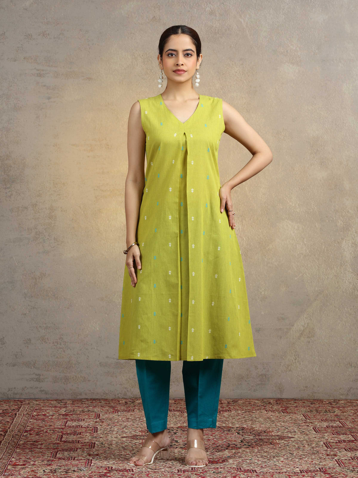 Olive Green Pure Cotton A-Line Ethnic Kurta