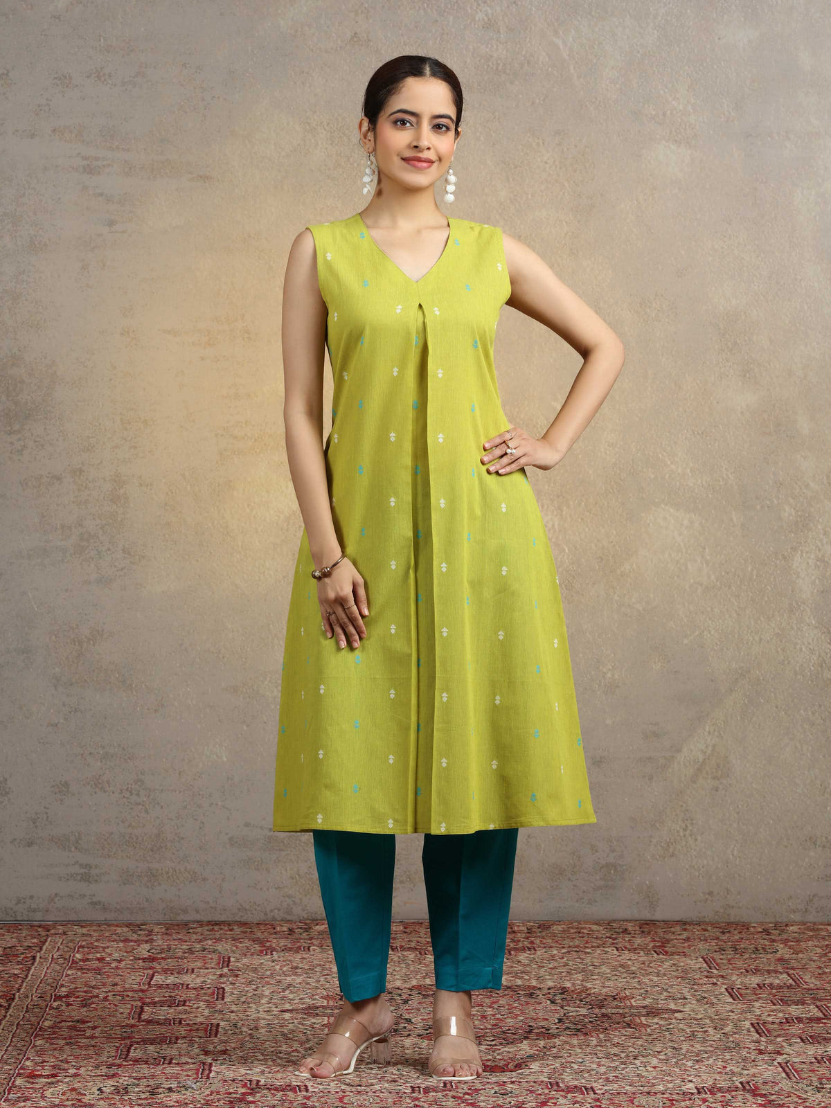 Olive Green Pure Cotton A-Line Ethnic Kurta