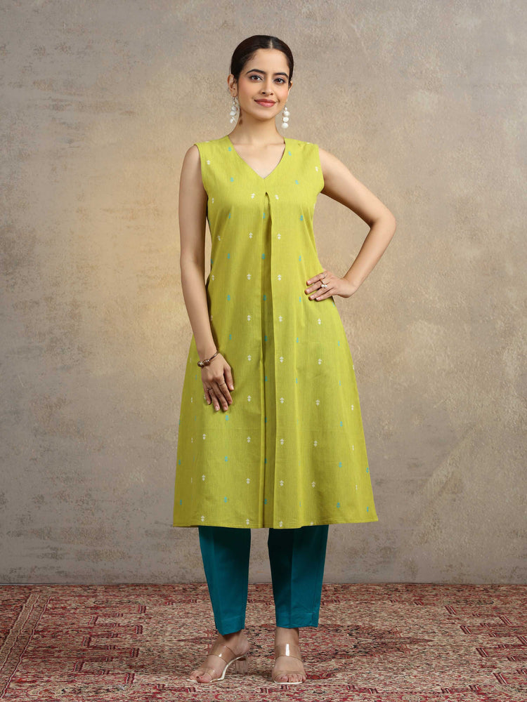 Olive Green Pure Cotton A-Line Ethnic Kurta