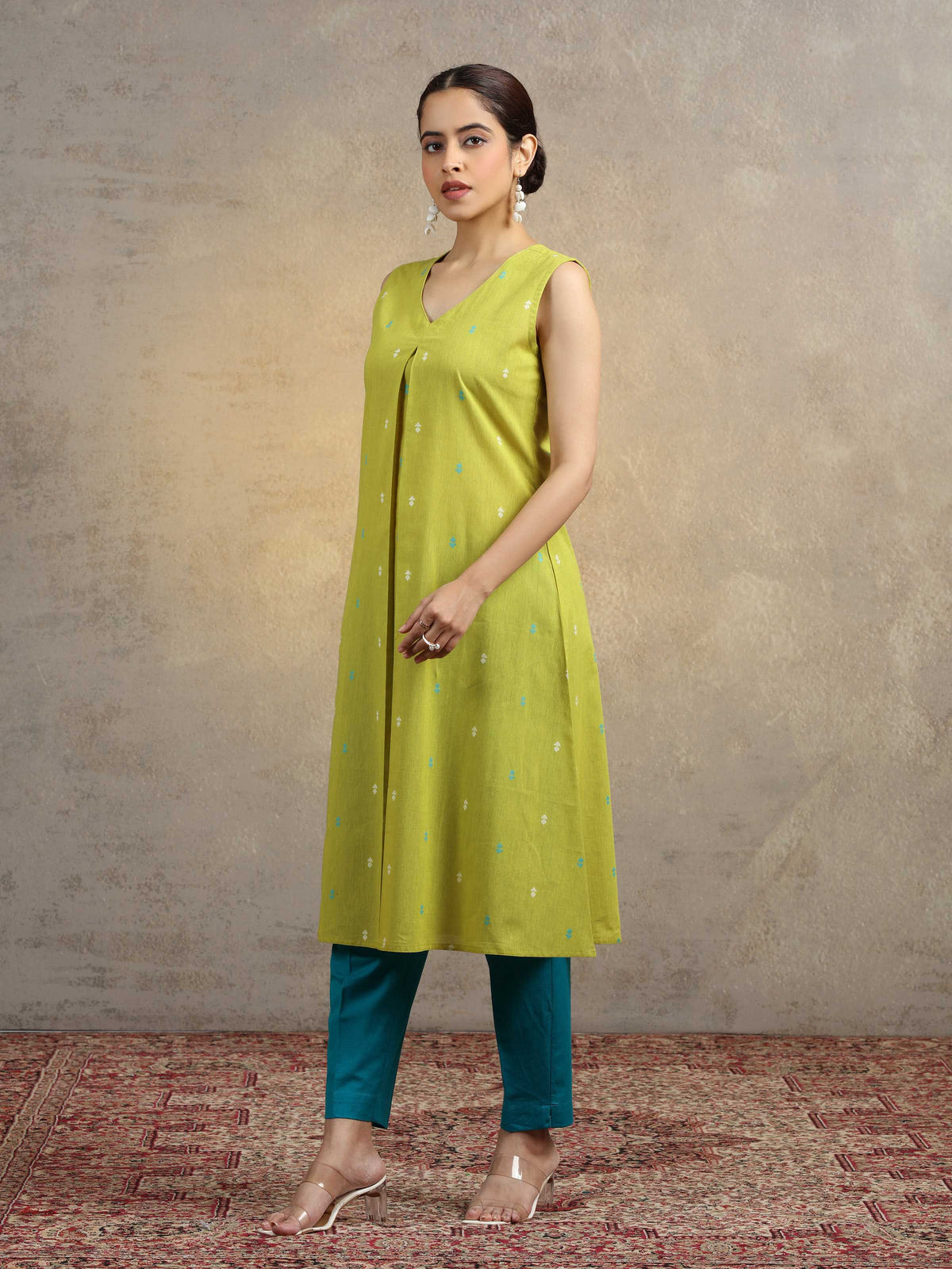 Olive Green Pure Cotton A-Line Ethnic Kurta