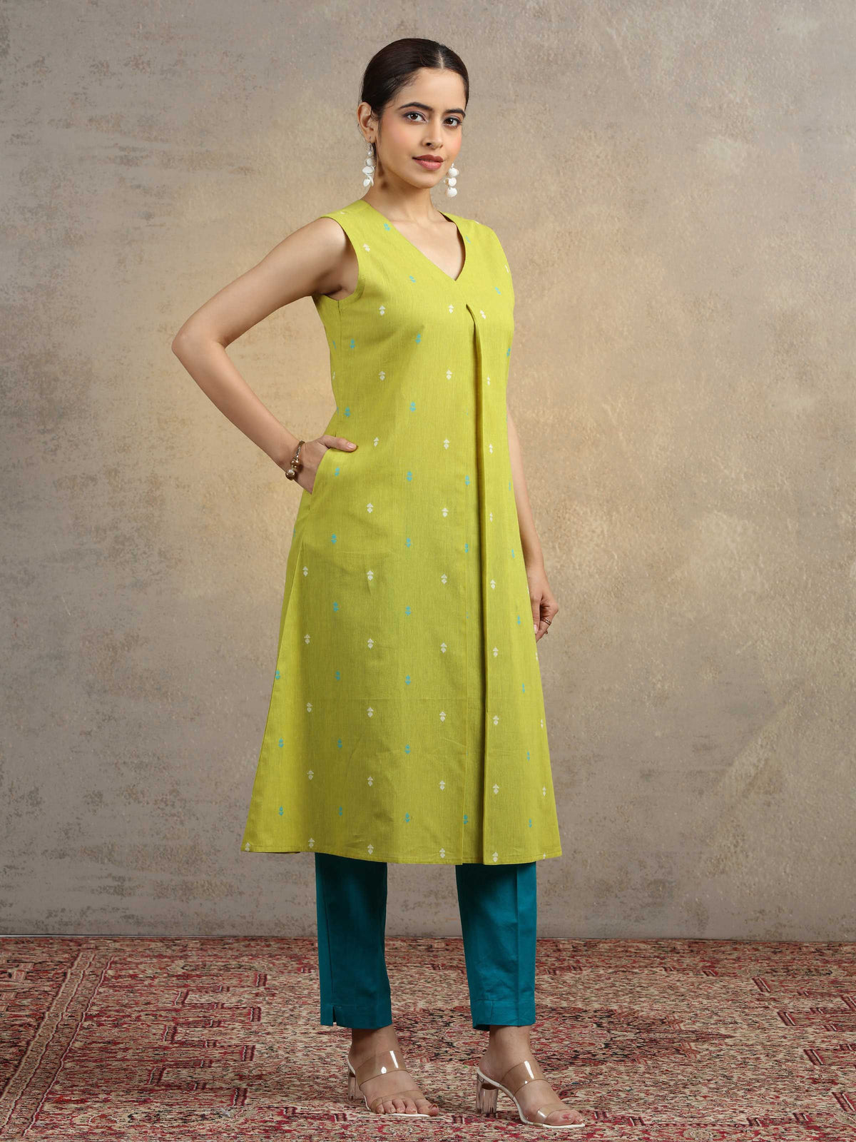 Olive Green Pure Cotton A-Line Ethnic Kurta