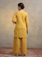 Mustard Floral Embroidered Pure Cotton Straight Kurta & Wide-Leg Pants Co-Ord Set