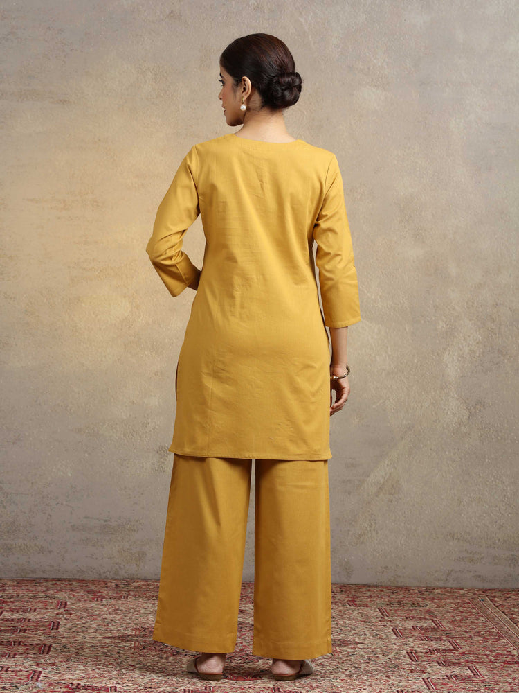 Mustard Floral Embroidered Pure Cotton Straight Kurta & Wide-Leg Pants Co-Ord Set