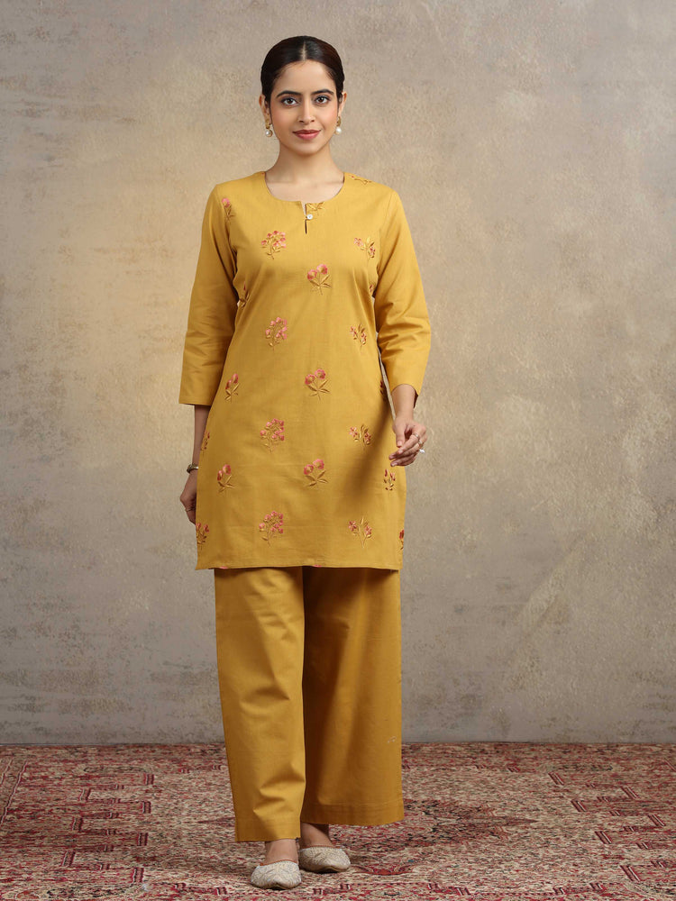 Mustard Floral Embroidered Pure Cotton Straight Kurta & Wide-Leg Pants Co-Ord Set