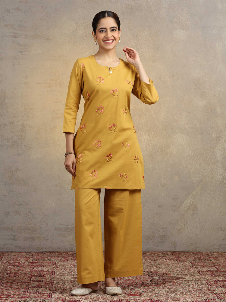 Mustard Floral Embroidered Pure Cotton Straight Kurta & Wide-Leg Pants Co-Ord Set