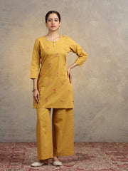 Mustard Floral Embroidered Pure Cotton Straight Kurta & Wide-Leg Pants Co-Ord Set