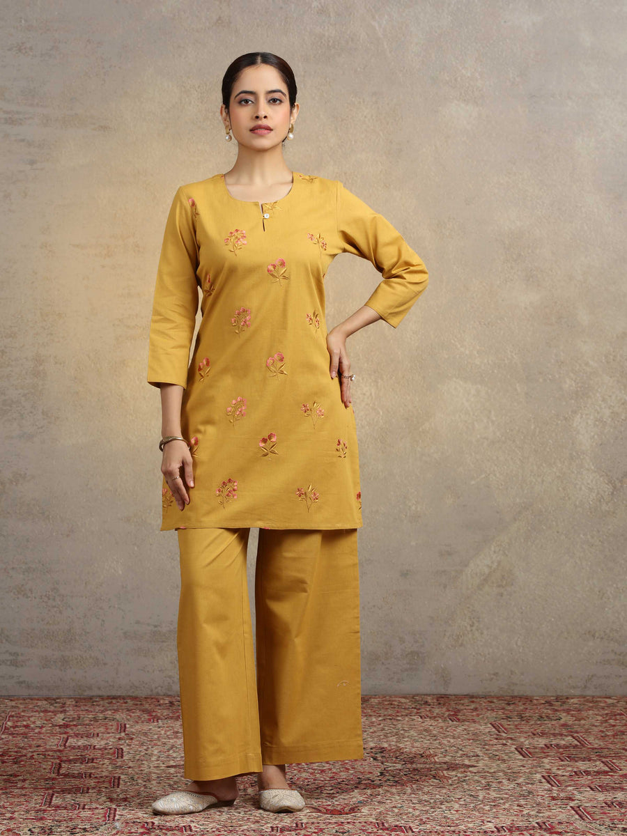 Mustard Floral Embroidered Pure Cotton Straight Kurta & Wide-Leg Pants Co-Ord Set