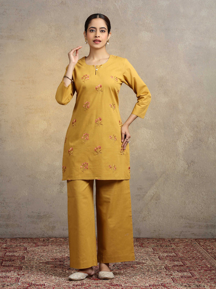Mustard Floral Embroidered Pure Cotton Straight Kurta & Wide-Leg Pants Co-Ord Set
