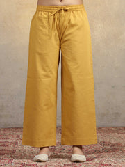 Mustard Floral Embroidered Pure Cotton Straight Kurta & Wide-Leg Pants Co-Ord Set
