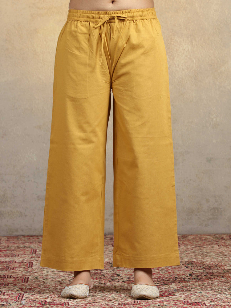 Mustard Floral Embroidered Pure Cotton Straight Kurta & Wide-Leg Pants Co-Ord Set
