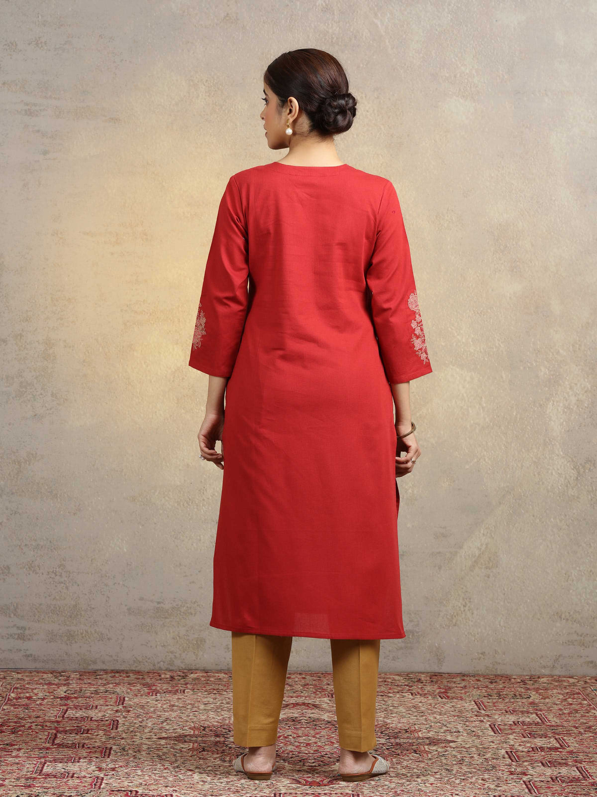 Rust Pure Cotton Floral Embroidered Straight Kurta