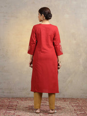 Rust Pure Cotton Floral Embroidered Straight Kurta