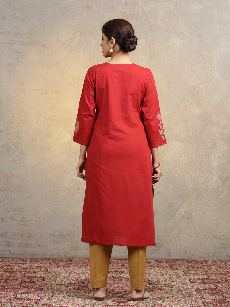 Rust Pure Cotton Floral Embroidered Straight Kurta