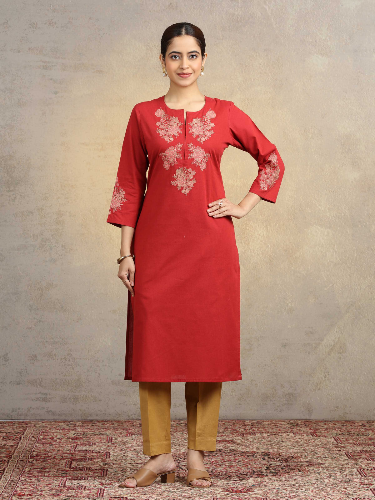 Rust Pure Cotton Floral Embroidered Straight Kurta