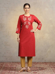 Rust Pure Cotton Floral Embroidered Straight Kurta