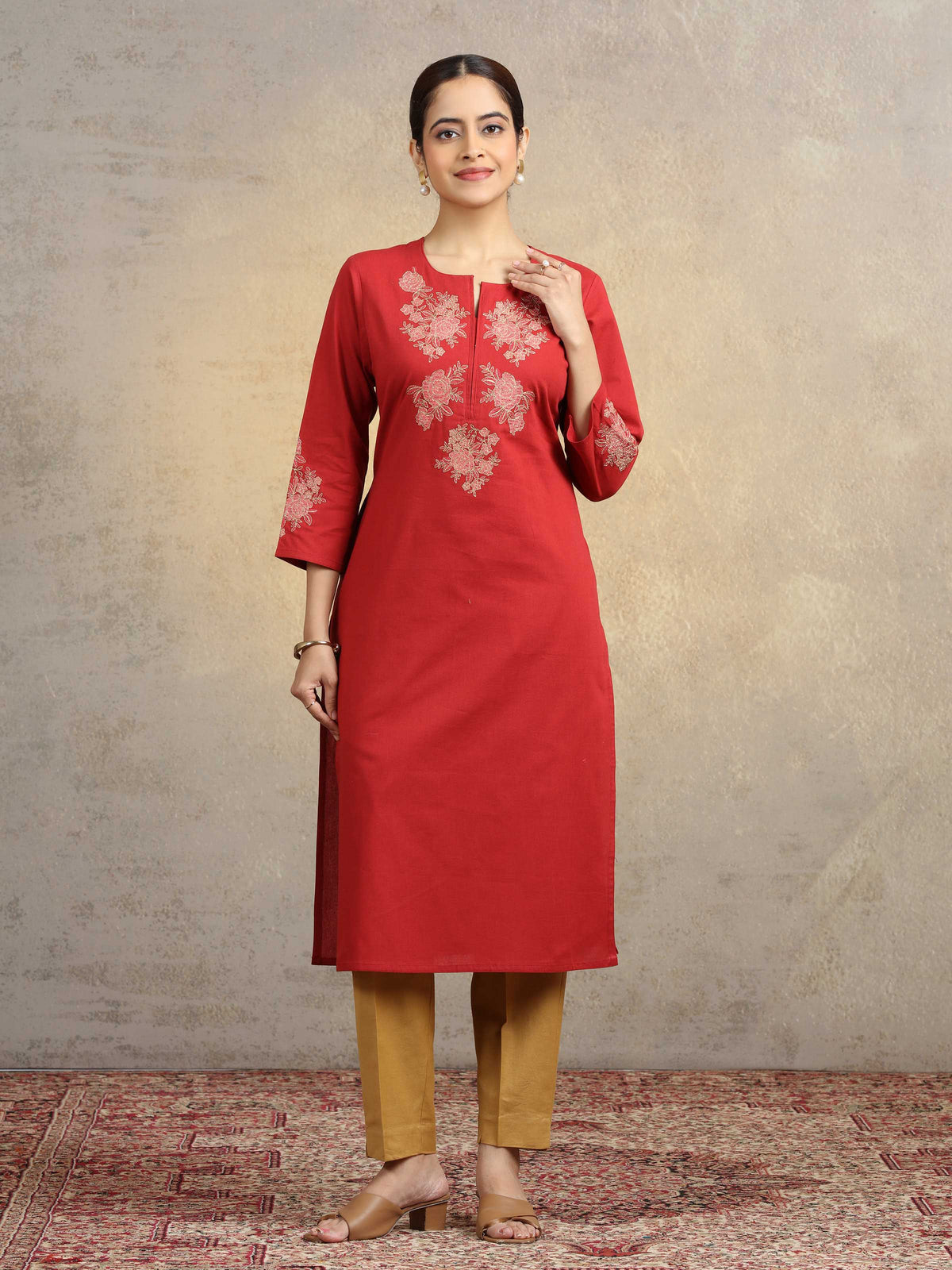 Rust Pure Cotton Floral Embroidered Straight Kurta