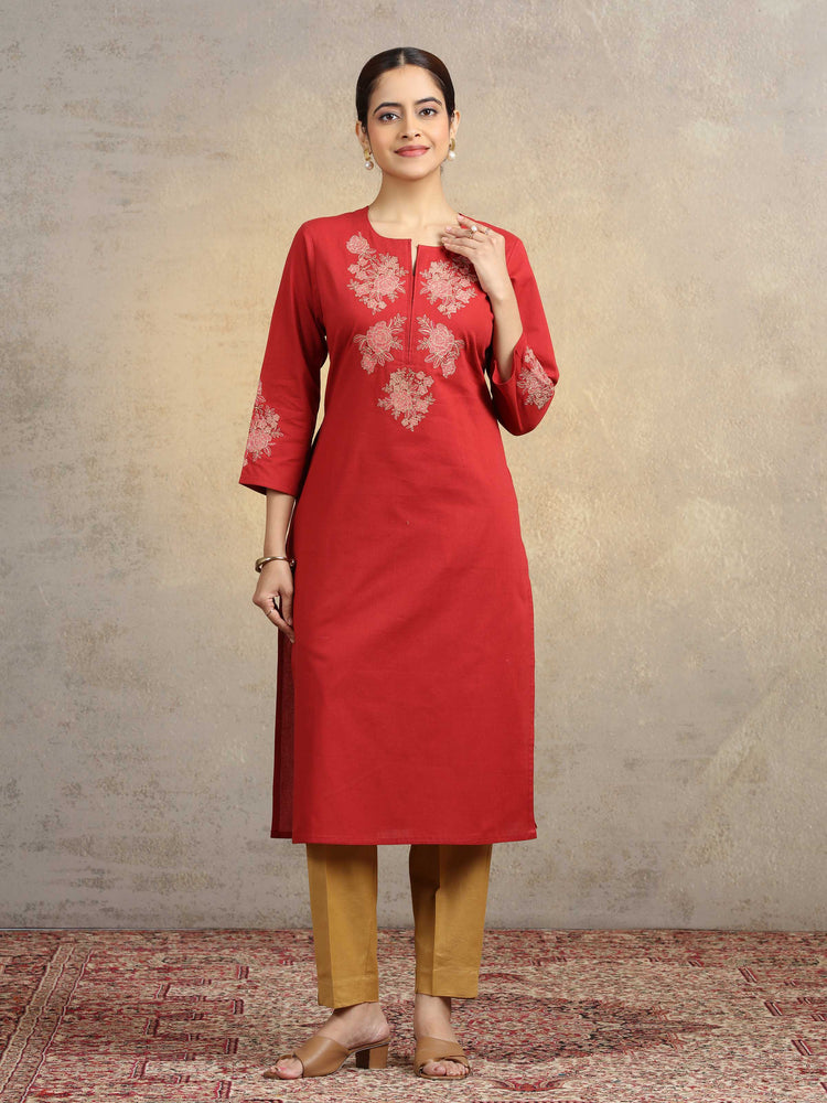 Rust Pure Cotton Floral Embroidered Straight Kurta