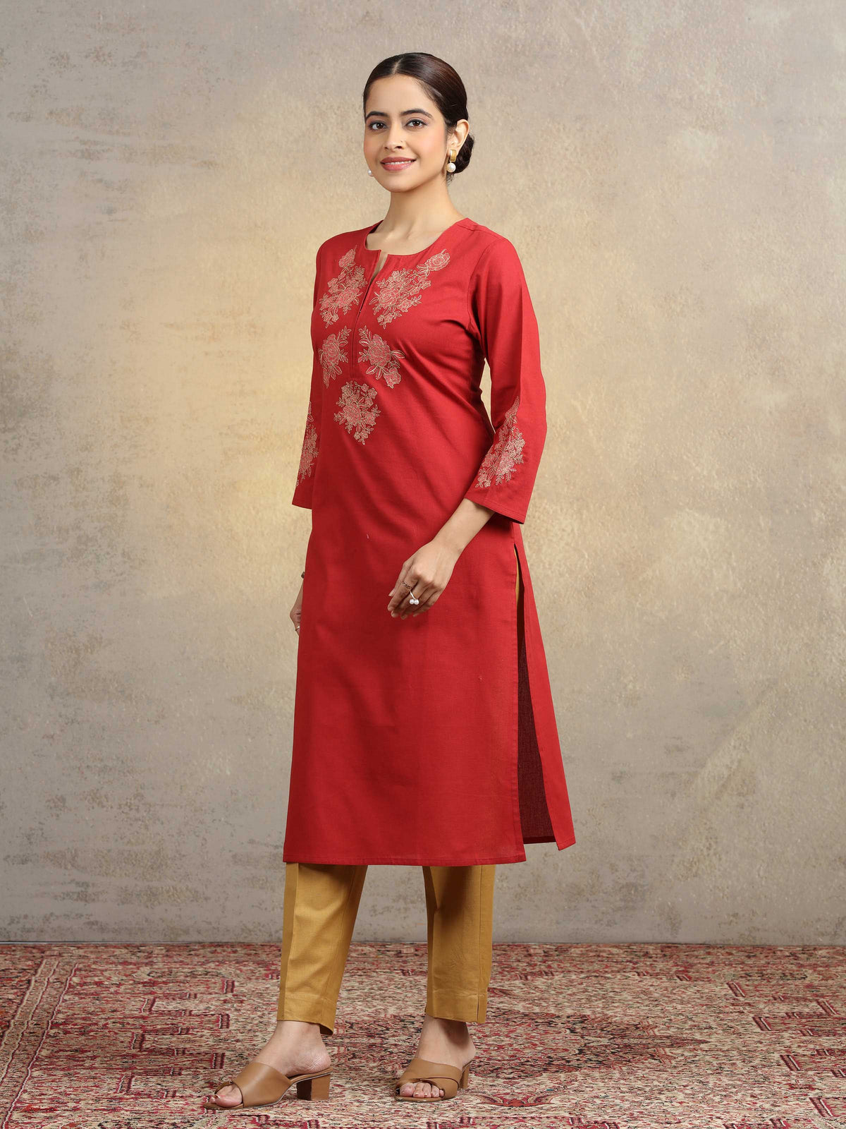 Rust Pure Cotton Floral Embroidered Straight Kurta